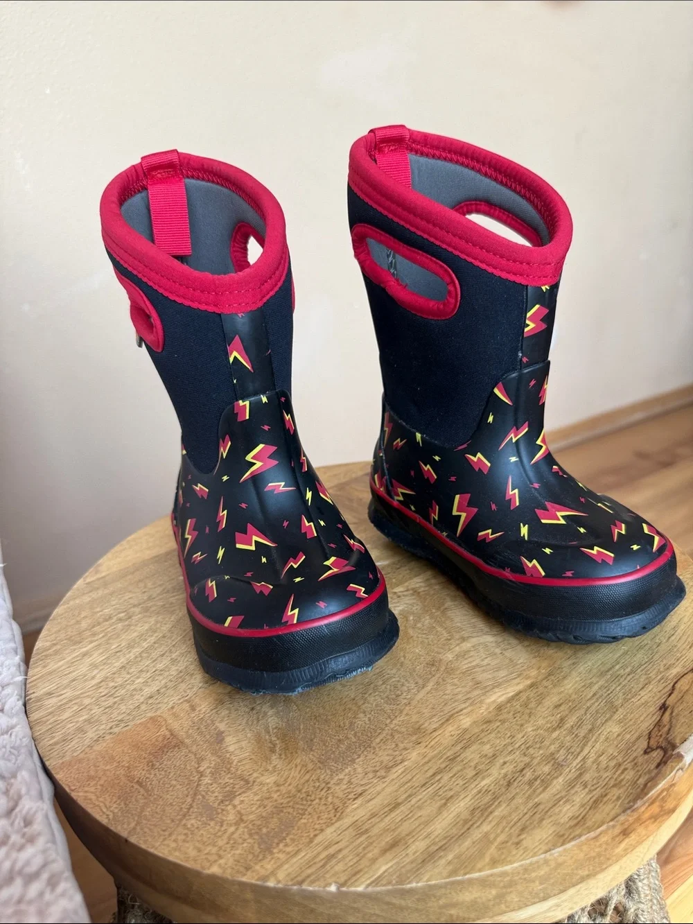 Bogs Kids Black Rain Boots with Red and Yellow Lightning